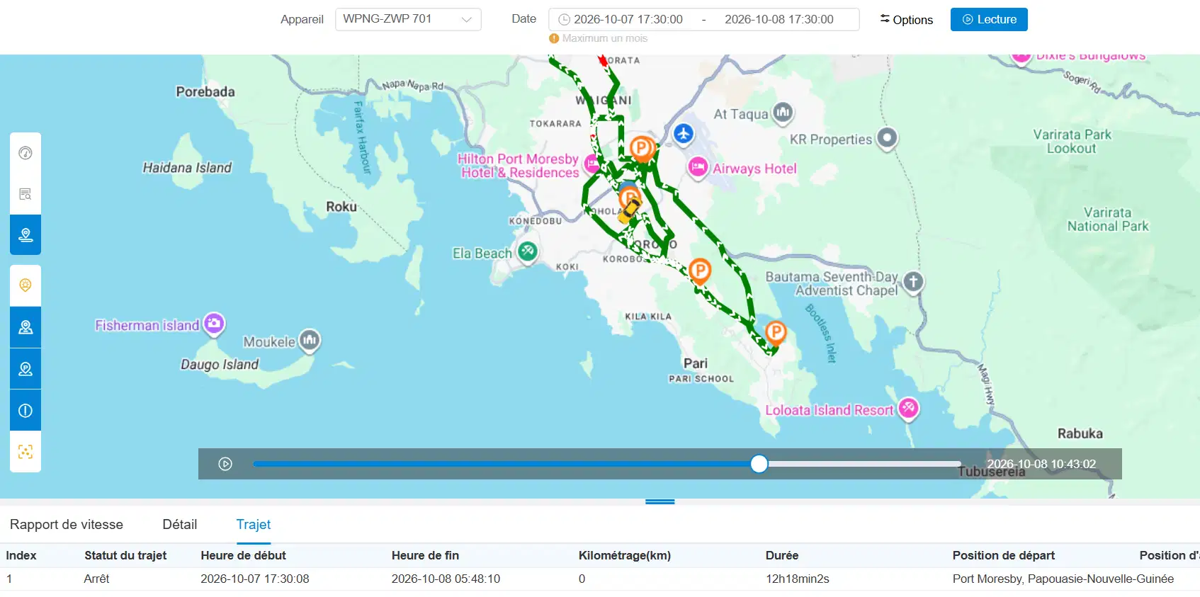Historique complet et relecture des trajets des véhicules sur la plateforme GPS