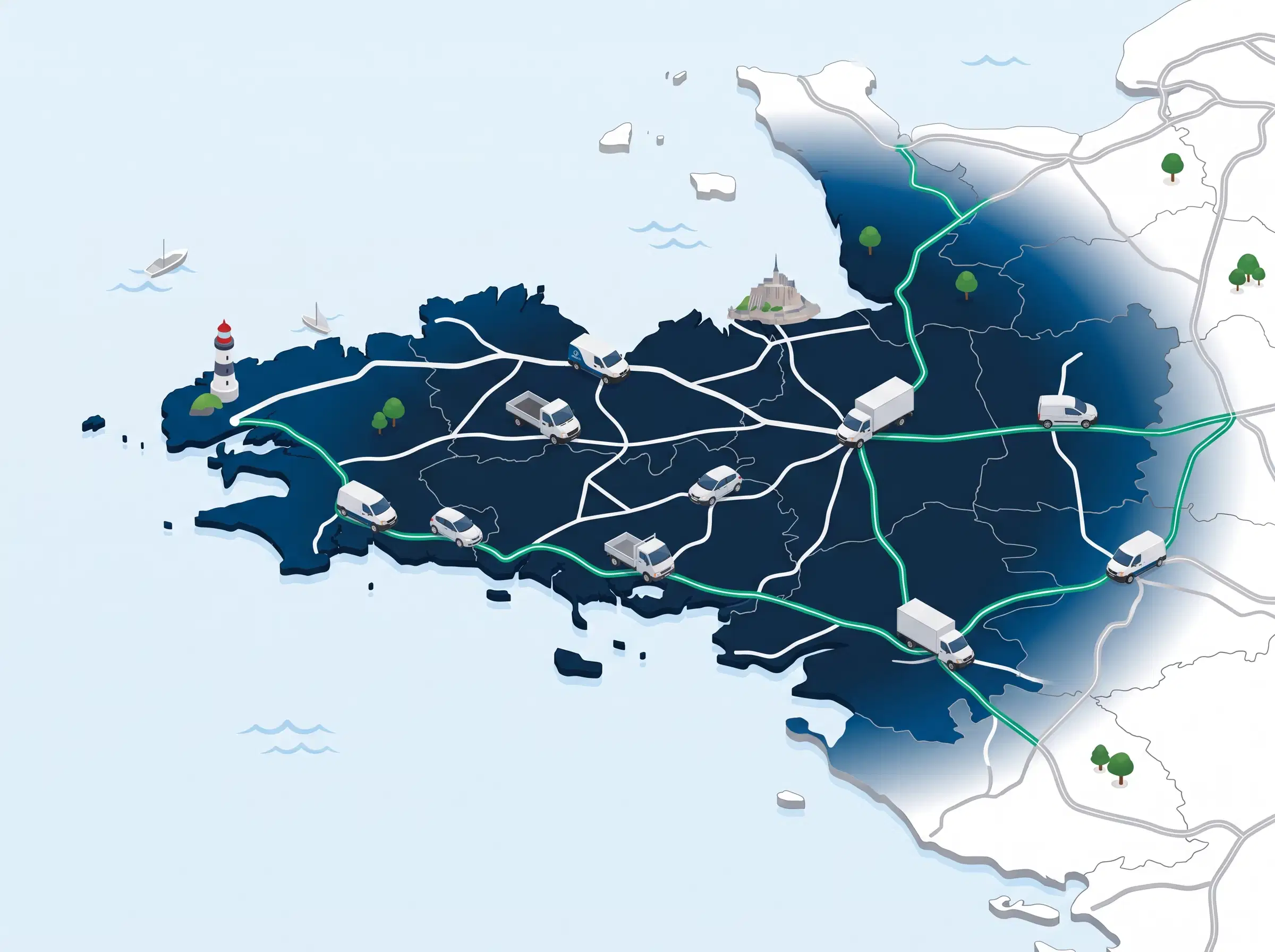 Carte de la zone d'intervention : Bretagne et Grand Ouest pour flottes de véhicules d'entreprise